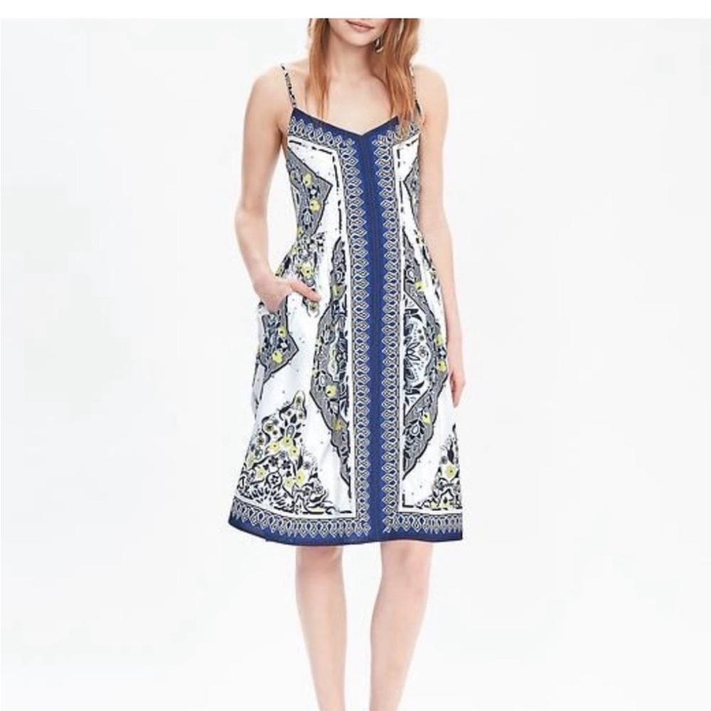 Banana Republic Navy & White Printed Spaghetti Strap Dress